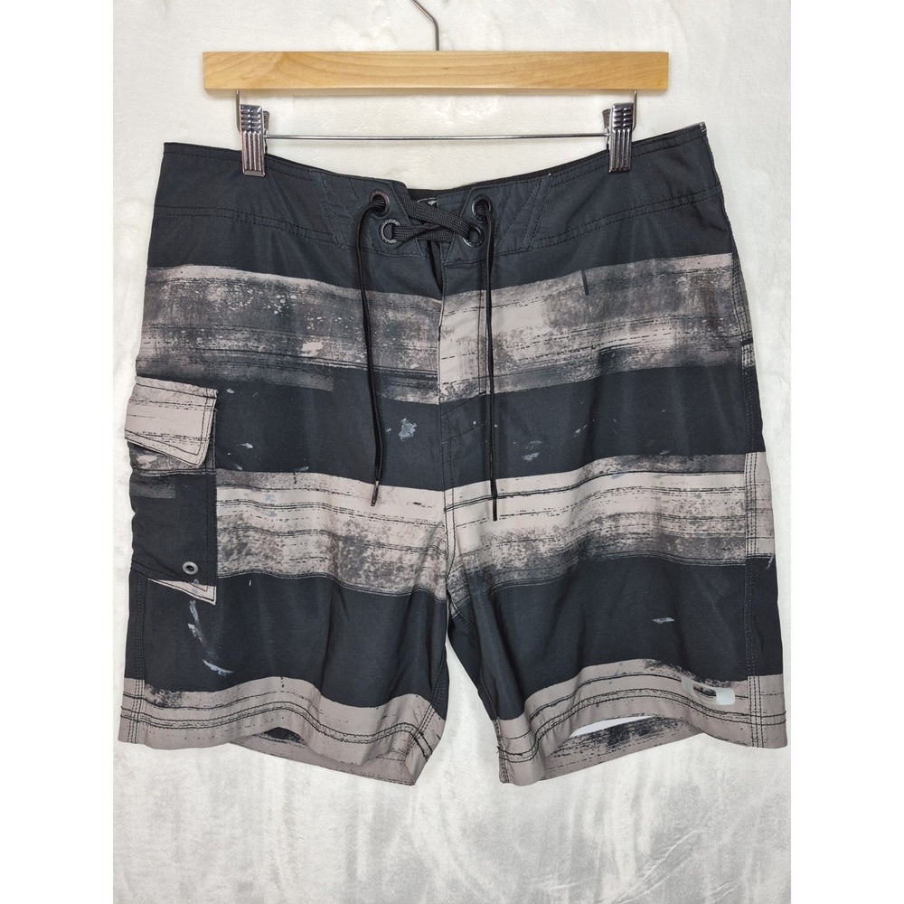 Oakley Boardshorts Mens 34 Black Striped Surf Swim Trunks Cargo Pocket 17x7